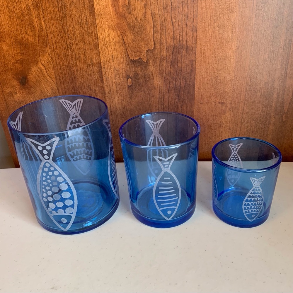 Lone Elm Studios Set of 3 Cobalt Blue Hurricane Lamps Votives Etched Fish